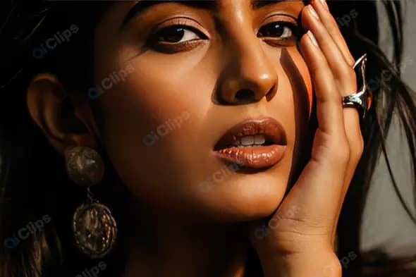 Elegant Close-Up of Woman with Statement Jewelry and Glossy Lips