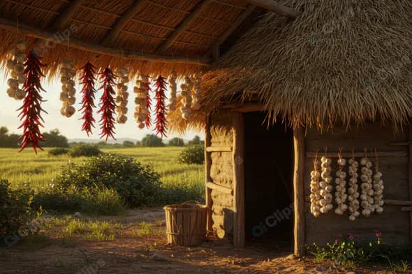 Traditional Indian Village Hut with Hanging Garlic and Chillies