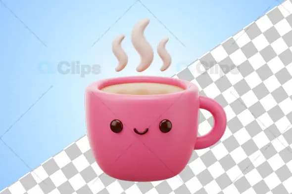 3D Pink Smiling Coffee Mug Illustration with Steam