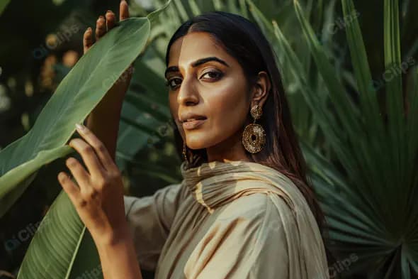 Elegant Woman with Statement Earrings in a Tropical Setting