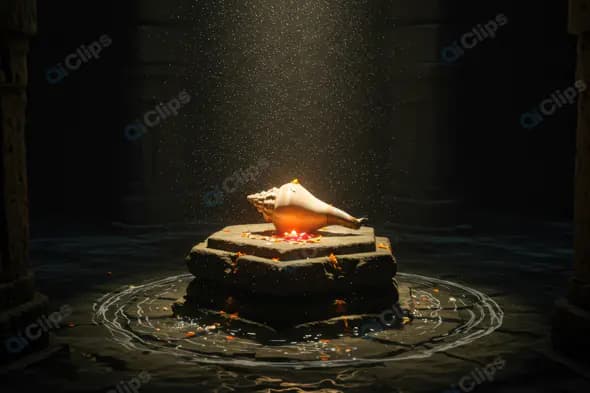 Divine Conch Shell with Glowing Light on Ancient Stone Altar