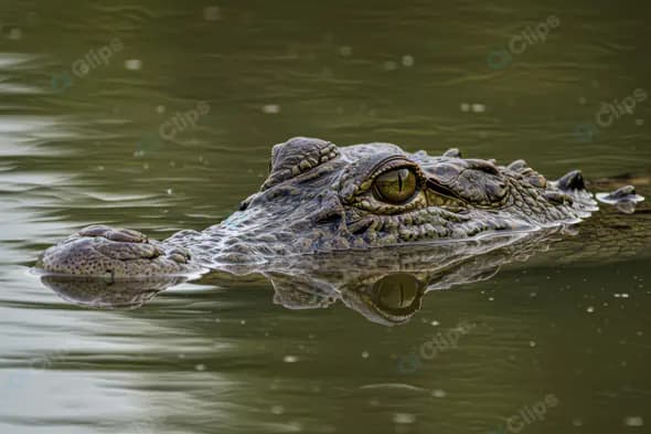 Stealthy Crocodile Floating in Still Water with Sharp Eye Focus