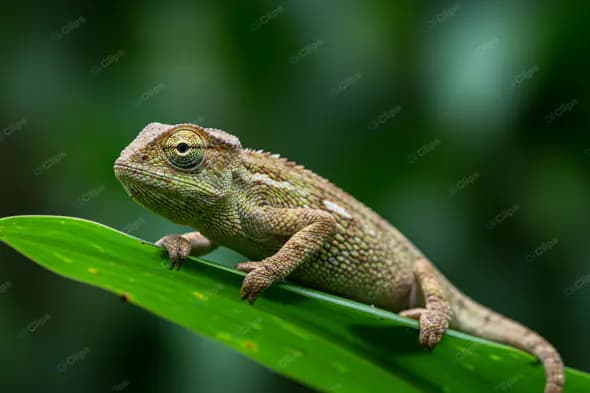 Chameleon on Tropical Leaf