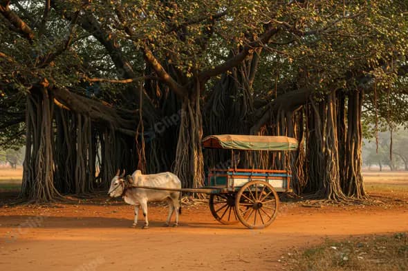 Traditional Indian Bullock Cart Under Banyan Tree