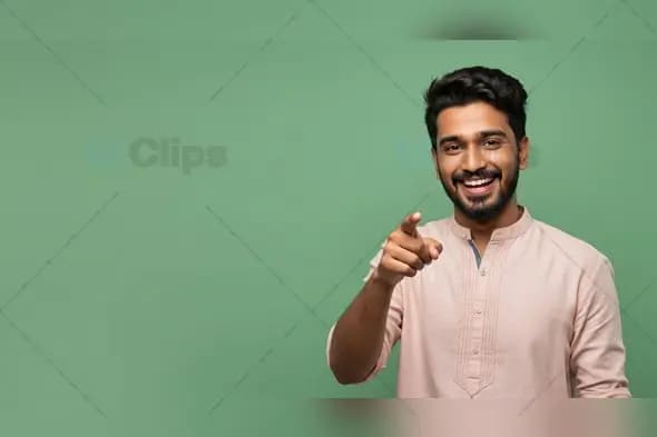 Joyful Male Figure Indicates Direction on Spring Background