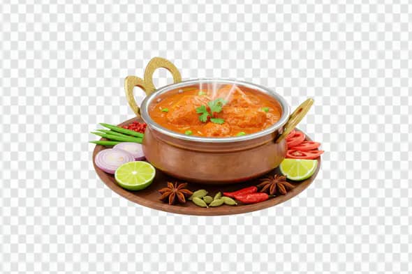 Indian Butter Chicken Curry PNG – Copper Bowl with Spices on Wooden Plate