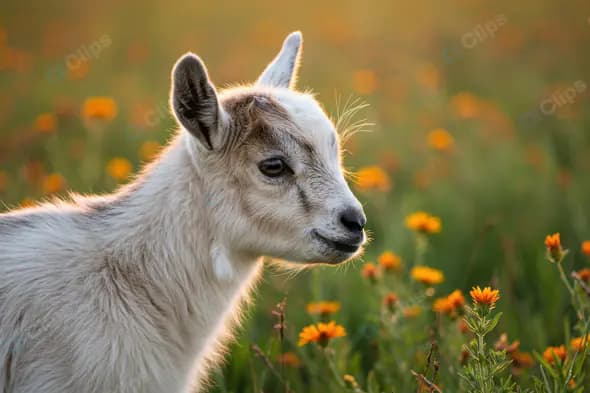 Young Goat Kid in Blooming Meadow at Golden Hour