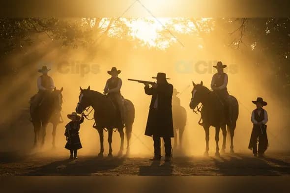 Silhouetted Cowboys at Golden Sunset with Dramatic Light Rays
