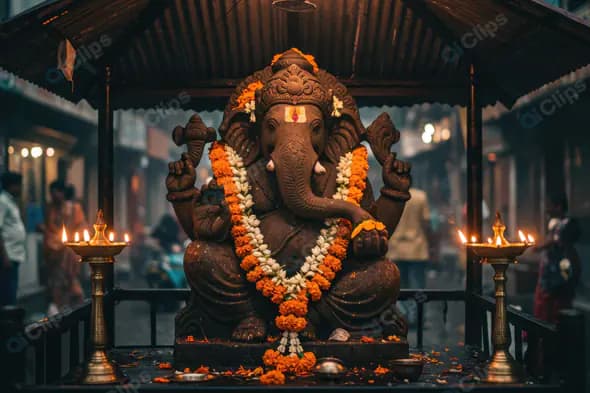 Lord Ganesha Idol in Traditional Street Shrine with Lamps and Garland
