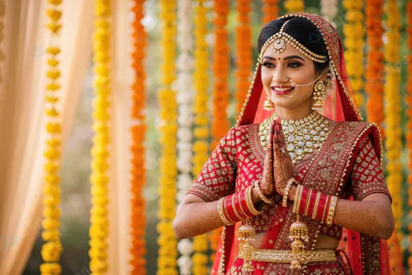 Smiling Indian Bride in Traditional Red Lehenga Doing Namaste