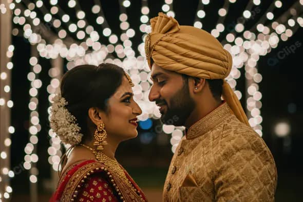 Romantic Indian Couple at Night Wedding with Bokeh Lights