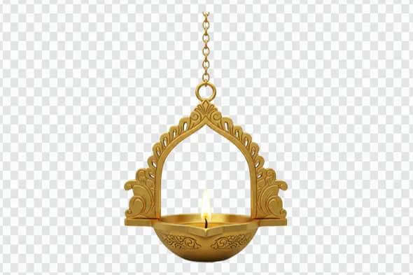 Hanging Brass Diya with Arch Frame – Indian Temple Lamp PNG Clipart