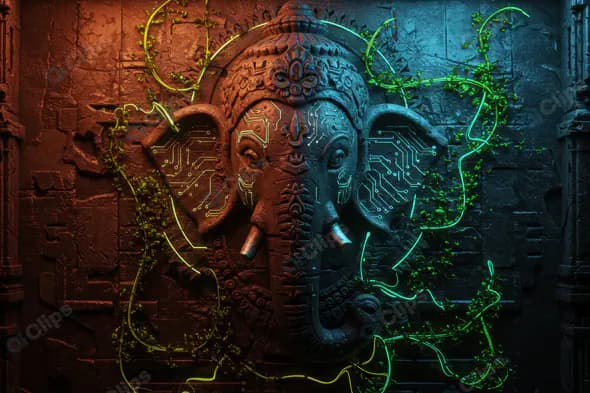 Futuristic Lord Ganesha Sculpture with Circuit Patterns and Neon Vines