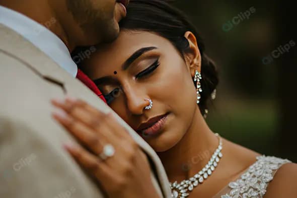 Romantic Indian Couple Portrait with Bride Resting on Groom’s Shoulder
