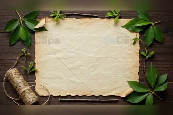 Vintage Paper with Green Leaves and Twine on Wood Background