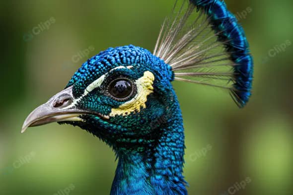 Close-Up of Indian Peacock Head with Detailed Eye and Feather Crown on Green Background