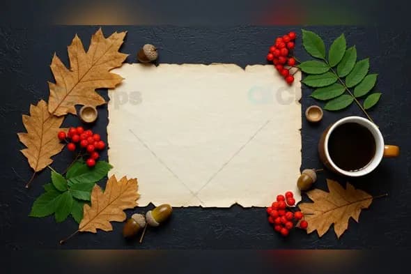 Autumn Flatlay with Blank Paper, Coffee, and Natural Elements