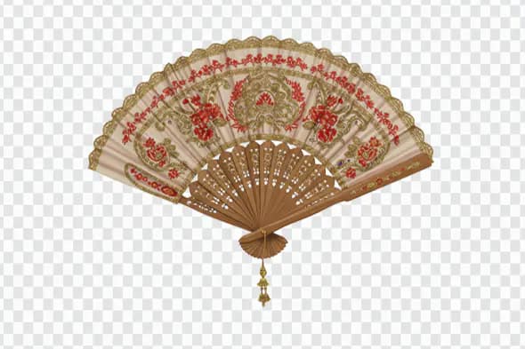 Ornate Indian Hand Fan PNG – Red and Gold Embroidery with Transparent Background