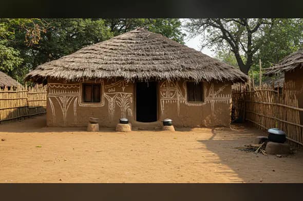 Authentic Indian Tribal Mud Hut with Bamboo Fence and Traditional Wall Art