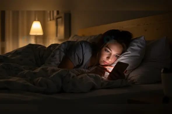 Late Night Smartphone Browsing in Bed with Warm Lighting