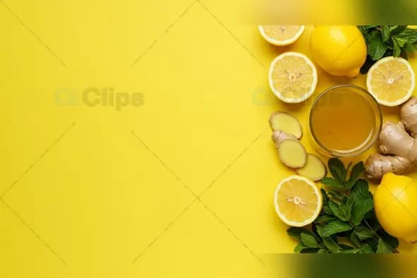 Lemon Tea Ingredients on Vibrant Yellow Background