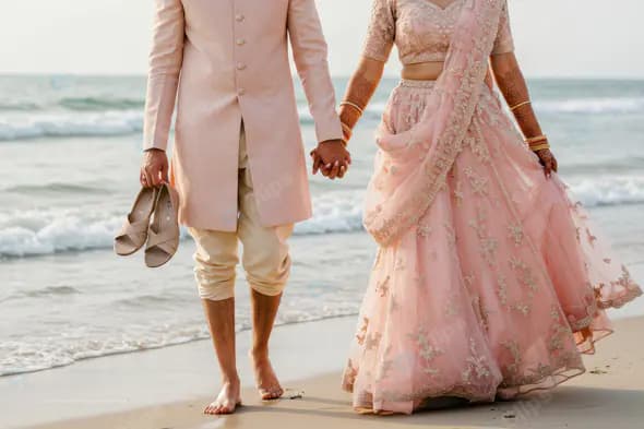 Romantic Indian Couple Walking Barefoot on Beach After Wedding Ceremony