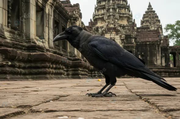Indian Crow Standing on Stone Pavement Near Ancient Temple Architecture