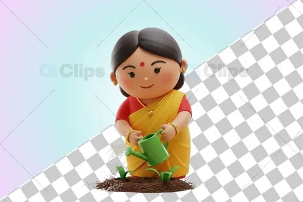 Indian Woman Watering Plants 3D Illustration