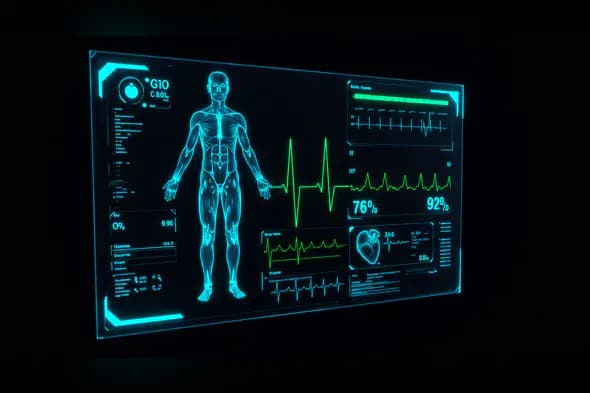 Futuristic Medical HUD Interface with Human Body Scan and Heart Rate Monitor