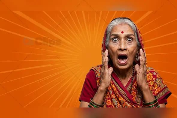 Surprised Elderly Indian Woman in Traditional Saree with Comic Background