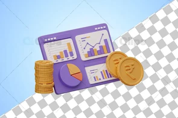 3D Financial Analysis Dashboard with Rupee Coins Illustration