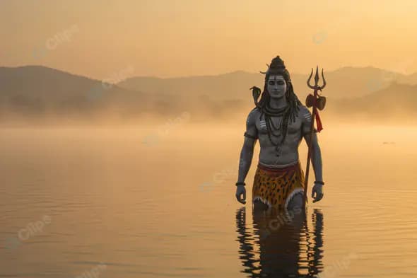 Lord Shiva Emerging from River at Sunrise with Trishul and Serpent