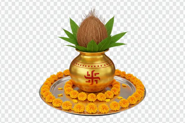 Kalash PNG with Coconut, Mango Leaves, and Marigold Garland for Hindu Festivals