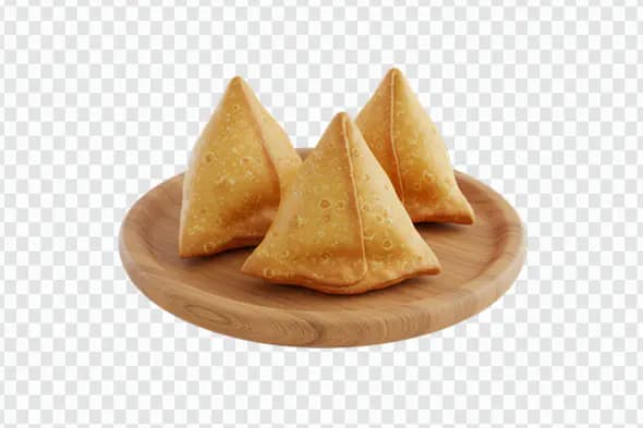 Indian Samosa PNG on Wooden Plate – Crispy Snack Icon