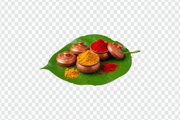 Indian Puja Kumkum and Haldi PNG Clipart in Copper Bowls on Leaf