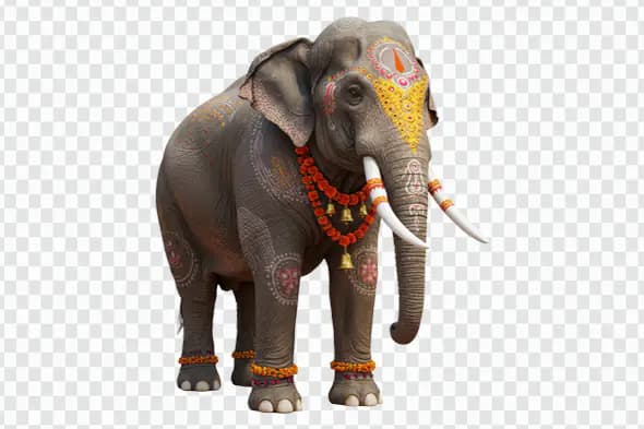Decorated Indian Elephant with Traditional Paint and Garland for Festival