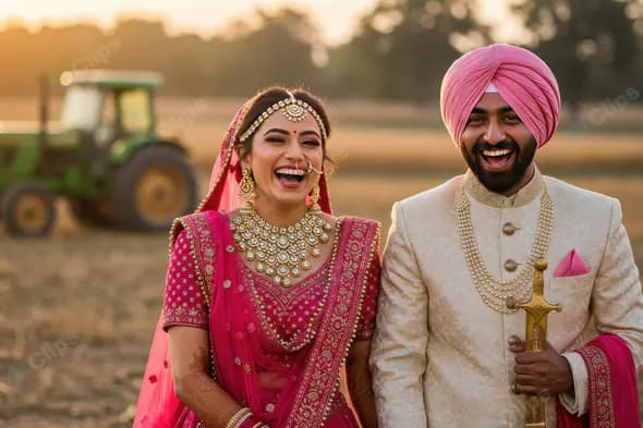 Joyful Punjabi Wedding Couple Laughing in Traditional Attire