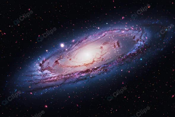 Colorful Spiral Galaxy with Bright Core and Nebulae in Deep Space