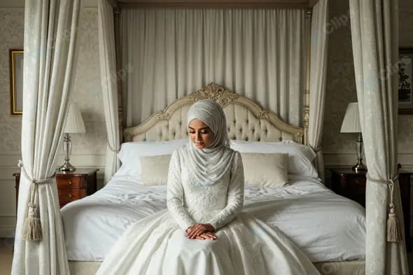 Elegant Muslim Bride in White Hijab Sitting Gracefully on Bed in Luxurious Room