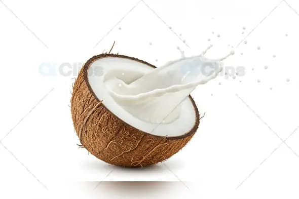 Coconut Half with Dynamic Milk Splash on White Background
