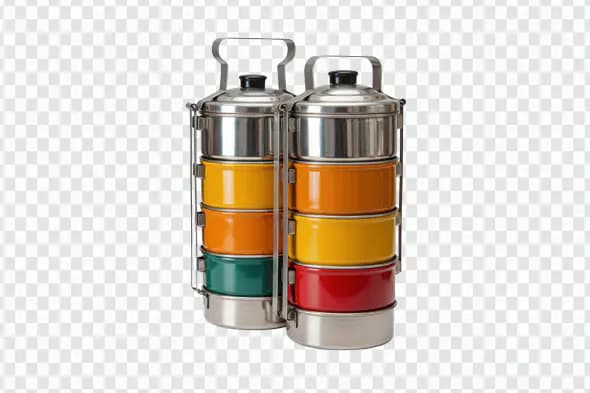 Indian Tiffin Carrier PNG – Multicolor Steel Lunch Box Set with Transparent Background