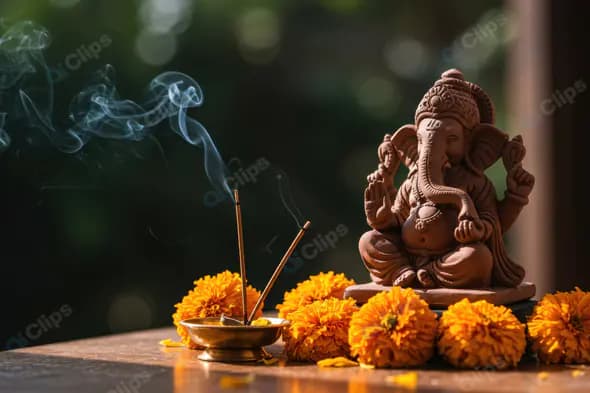 Lord Ganesha Idol with Marigold Flowers and Incense Smok