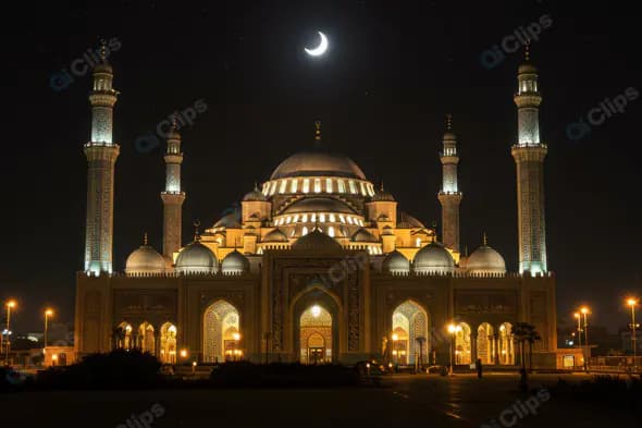 Illuminated Grand Mosque at Night with Crescent Moon in Starry Sky