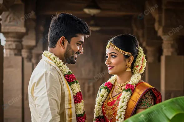 Traditional South Indian Wedding Couple Smiling at Temple Venue