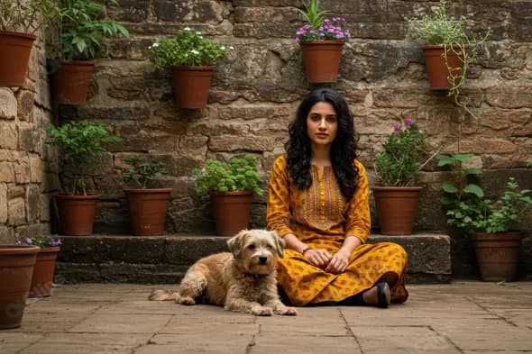 Young Indian Woman Sitting with Dog in Rustic Courtyard Garden