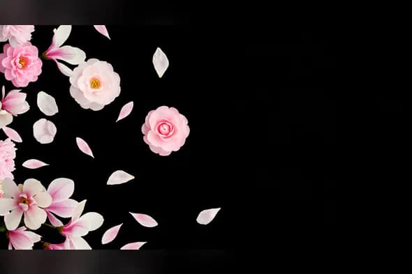 Elegant Pink Flowers and Petals Falling on Black Background