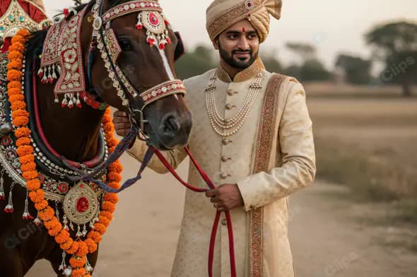Royal Indian Groom with Decorated Wedding Horse in Traditional Sherwani