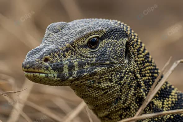 Close-Up of Indian Monitor Lizard in Dry Grassland Habitat