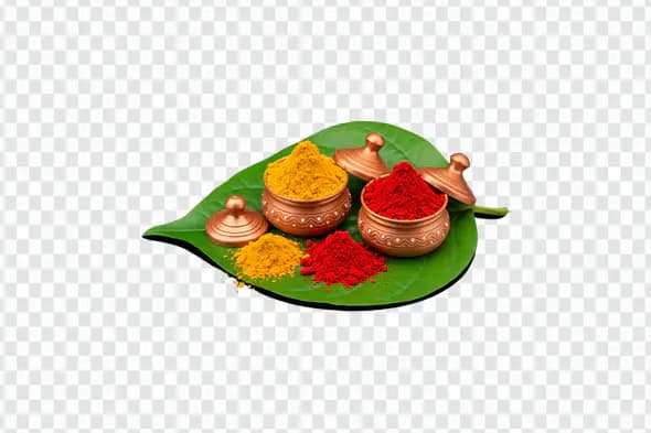 Kumkum and Haldi PNG Clipart in Clay Pots on Sacred Leaf for Puja and Festivals