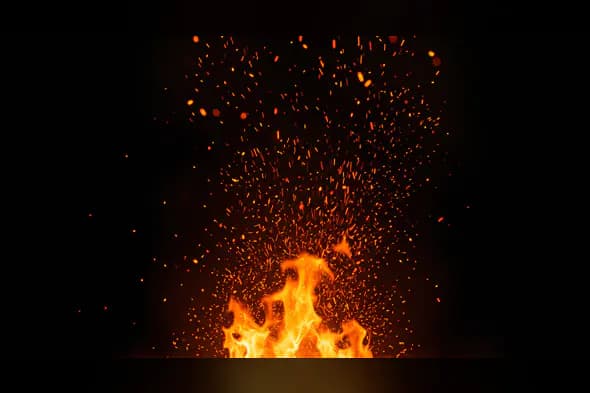 Realistic Fire Flames with Flying Sparks on Dark Background
